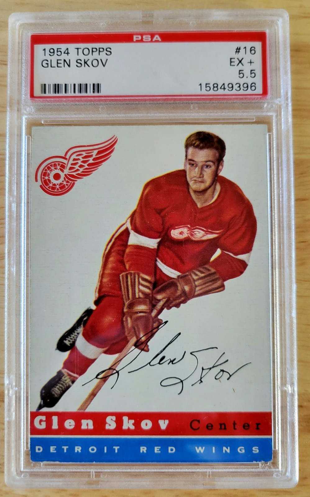 1954 Topps Hockey #16 Glen Skov, Detroit Red Wings PSA 5.5 EX+!!