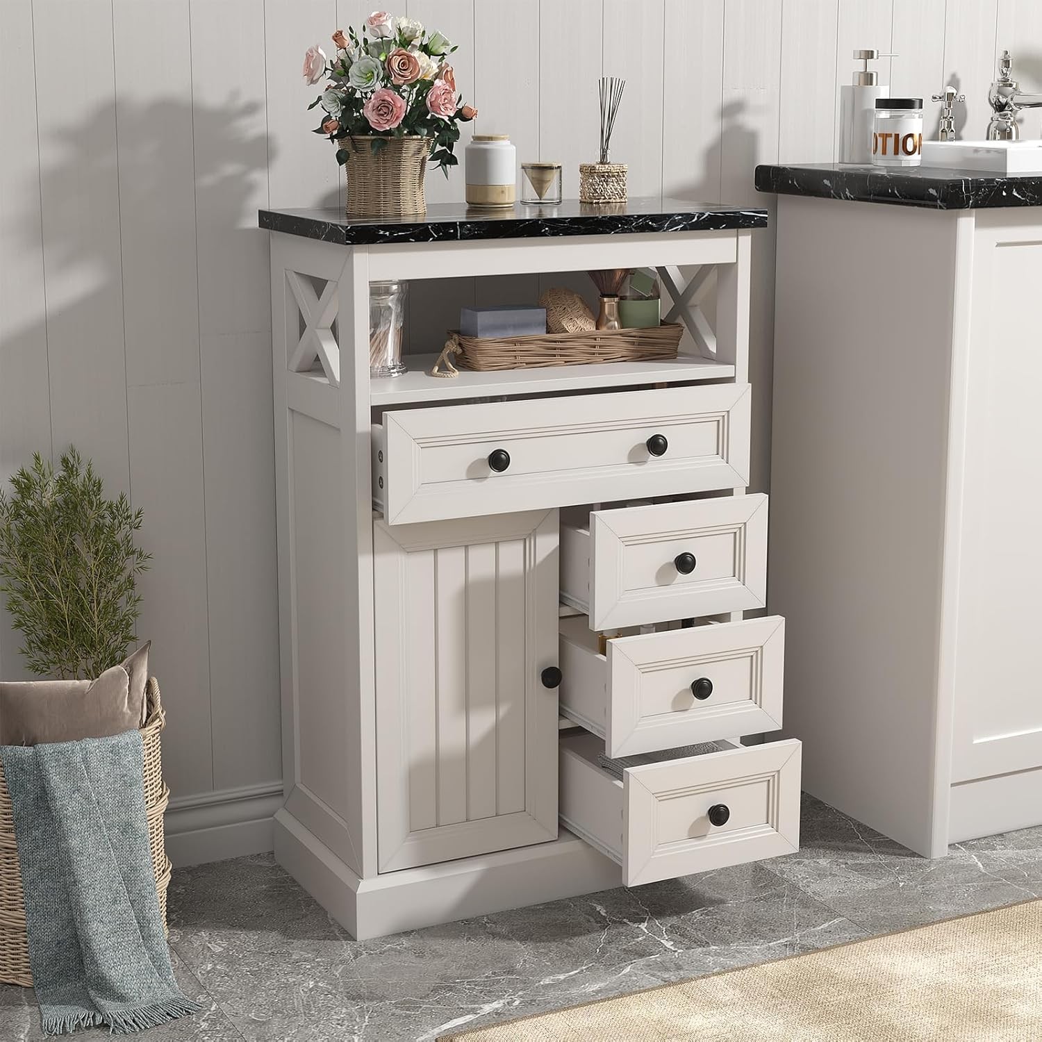 White Freestanding Bathroom Storage Cabinet with Doors & 4 Drawers