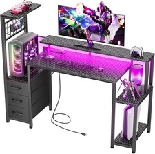 48 Inch Gaming Desk with LED Lights & Power Outlets,Computer Desk with Fabric