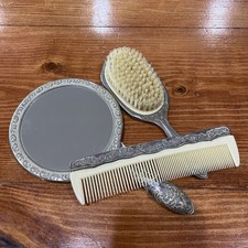 Vintage Silver Plate Mirror Brush and Comb Set Antique Victorian Vanity Ornate