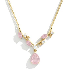Authentic Rose Quartz Necklace for Women, Gold Cluster Necklace, V-Shape Drop Pendant,