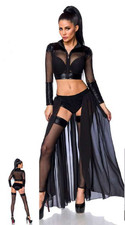 🖤 Damen Dessous Set Schwarz mit Netzjacke, Strapsgürtel & Chiffon Rock