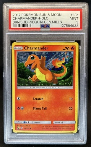 2017 Pokemon S&M Charmander Holo Sequin General Mills #18a/147 PSA 9