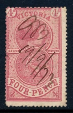 1871 Victoria, Australia fiscal, revenue stamp 4d BF7B, used CV 375