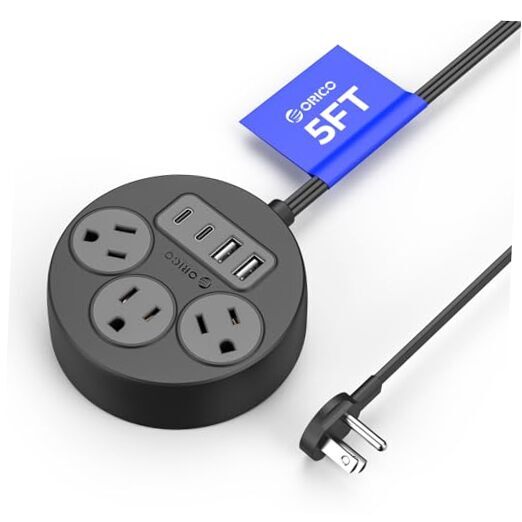 5FT Extension Cord with 3 Outlets & USB C Ports - Black-image