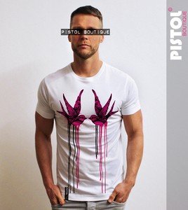 Détails Sur Pistolet Boutique Blanc Homme à Encolure Ras Du Cou Tatouage Oiseaux Hirondelles Fashion T Shirt Afficher Le Titre Dorigine