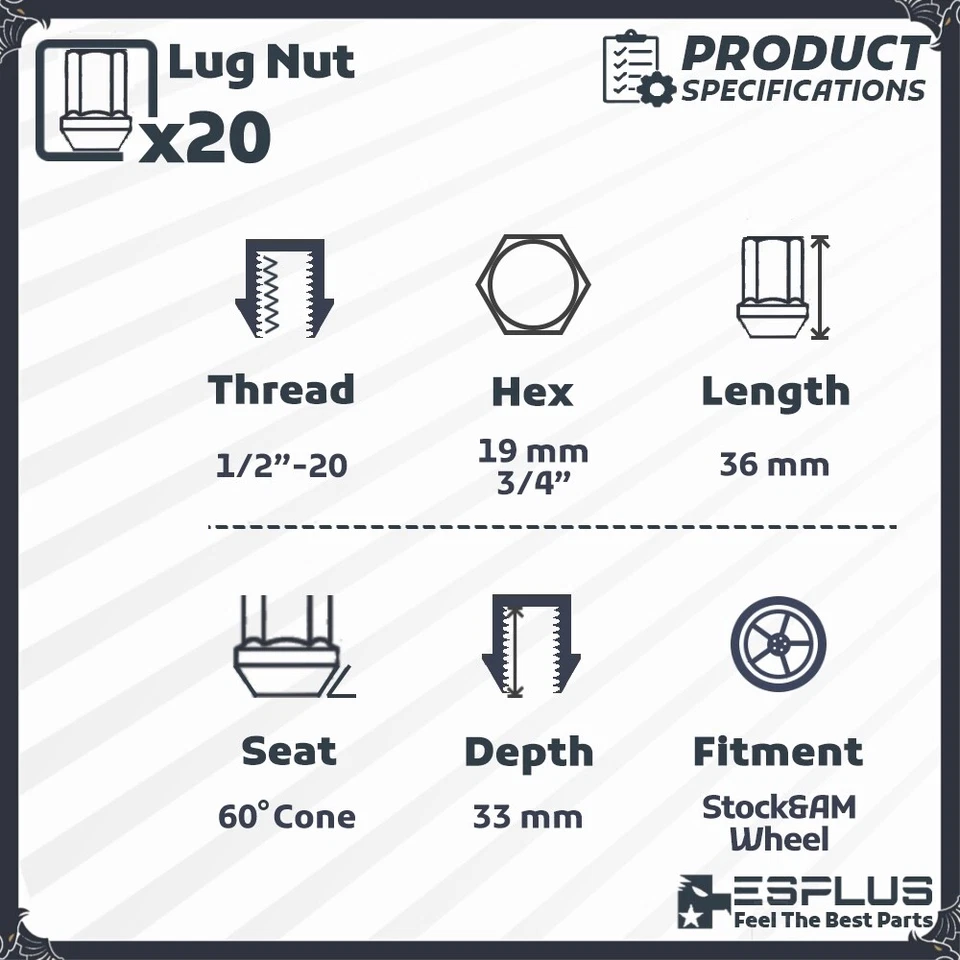 [20] Tuerca de rueda de bellota cromada 1/2"-20RH para Buick Chevy Cadillac Dodge GMC Foto 2 de 4