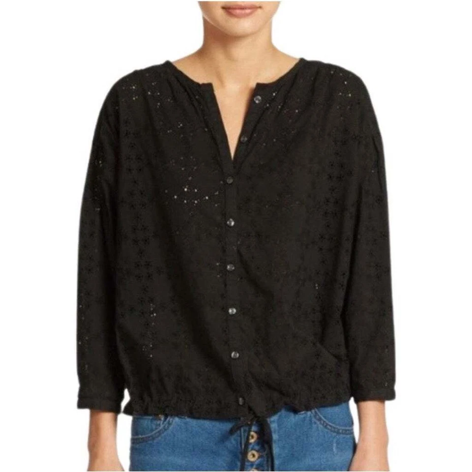 Top $98 Free People Negro Algodón Ojales Botón Frontal Talla S NUEVO