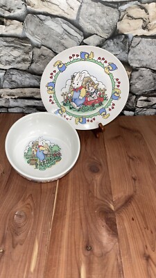 Ellen Blonder: Bunny's with Red Wagon plate and Bowl, Rabbit, Easter, Kids Plate