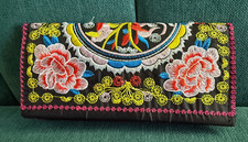 Embroidered Floral Boho Style Card Holder Clutch Purse Wallet Magnetic Snap