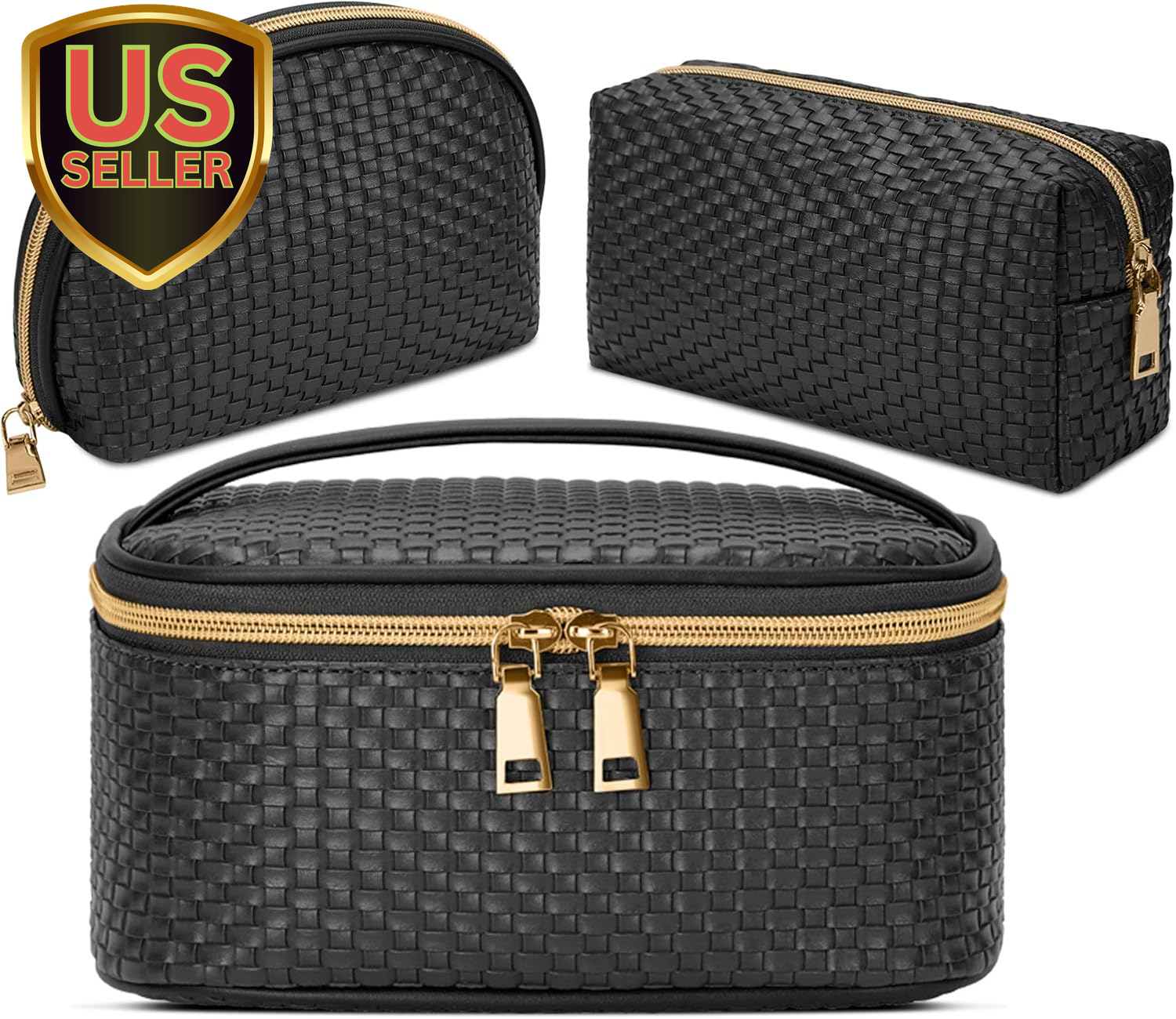 3-Piece Waterproof Travel Makeup Bag Set with Weave Design-image