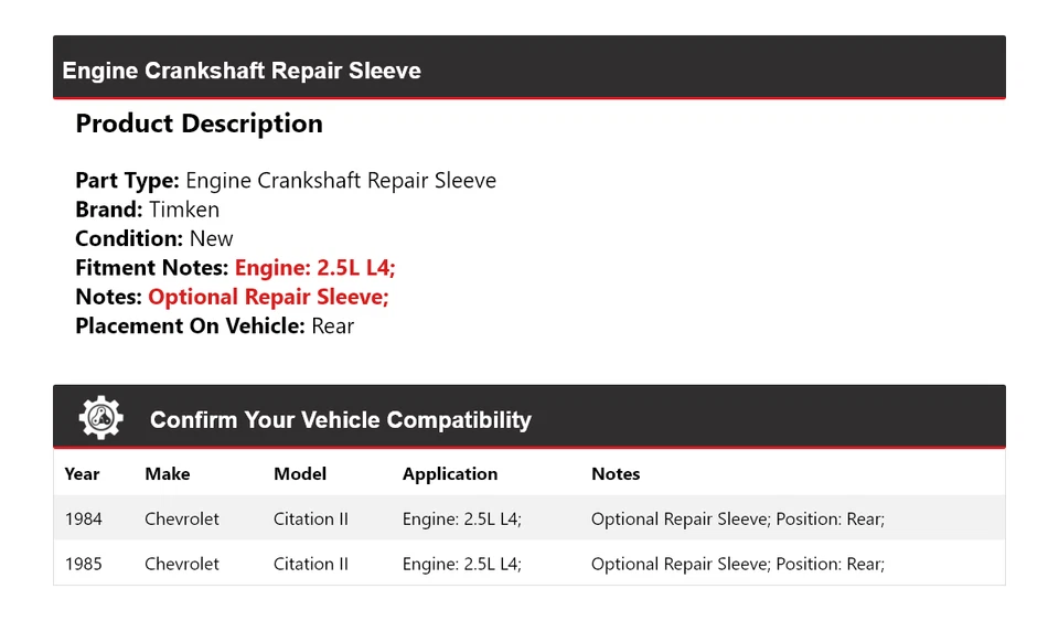 For 1984-1985 Chevrolet Citation II Engine Crankshaft Repair Sleeve Rear Timken - Image 2 of 4