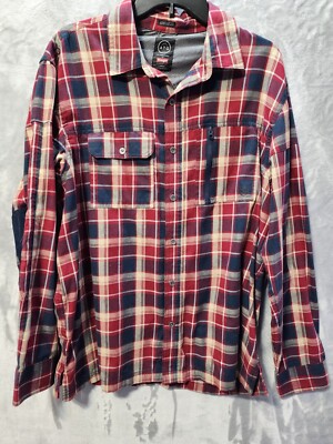 Wrangler ATG Gear Button Down Shirt Mens L Red Blue Plaid Outdoors Elbow Patches