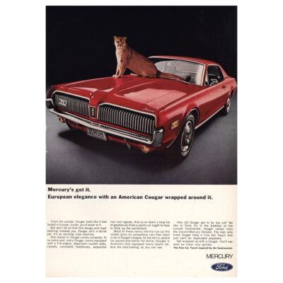 1968 Mercury Cougar: European Elegance American Cougar Wrapped Vintage Print Ad
