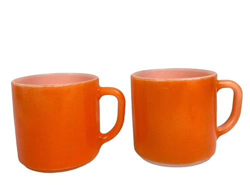 Lot 2 VTG Federal Milk Glass D Handle Cup Mug Bright Orange Coffee Heat Proof