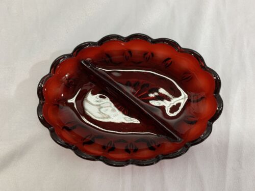 Vintage Royal Ruby Glass Fairfield Anchor Hocking Divided Relish Nuts Candy Dish - Picture 2 of 7