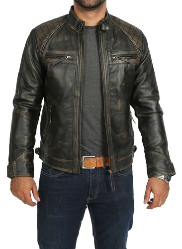 Mens Biker Style Real Leather Jacket Vintage Washed Rub Off Effect Lambskin Coat - Picture 5 of 9