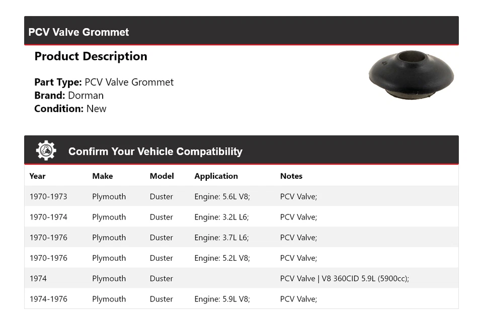 Ojal de válvula PCV para Plymouth Duster Dorman 1970-1976 1971 1972 1973 1974 1975 Foto 2 de 4
