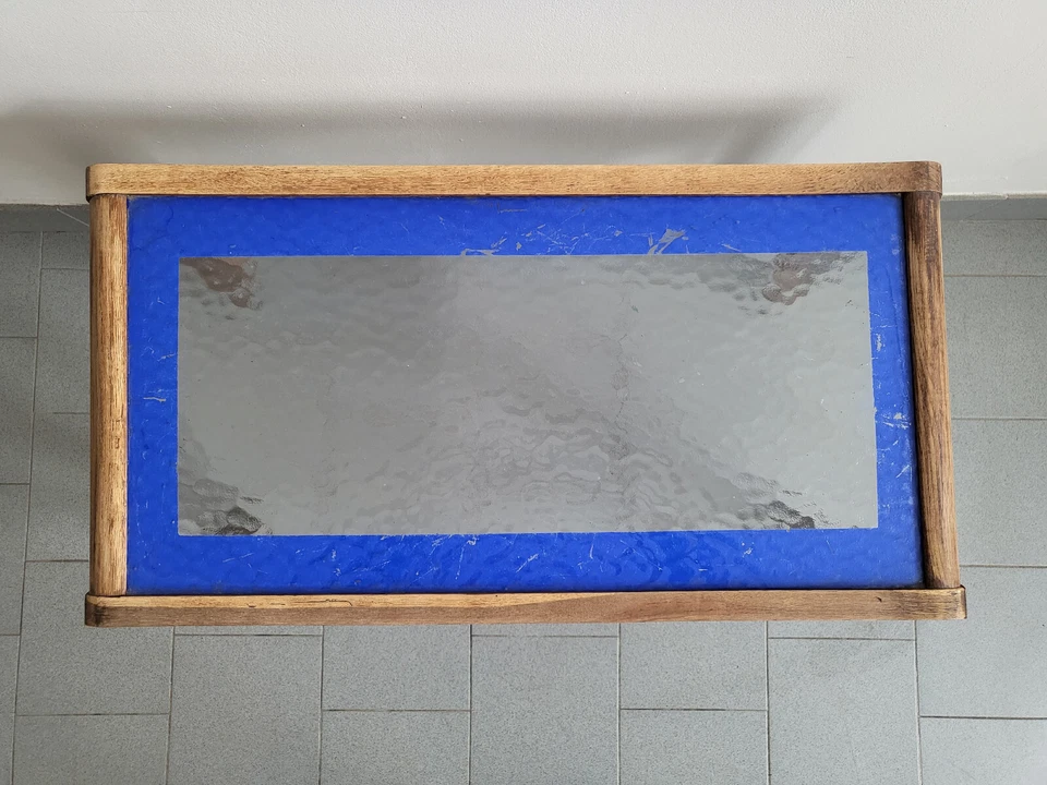 TABLE BASSE TABLE D'APPOINT VINTAGE 1940 1950 EN HETRE & VERRE CATHEDRALE - Photo 2/4