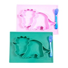 Silicone dinosaur Placemat Plates with Suction Non-Slip spoon for Kid, Toddler