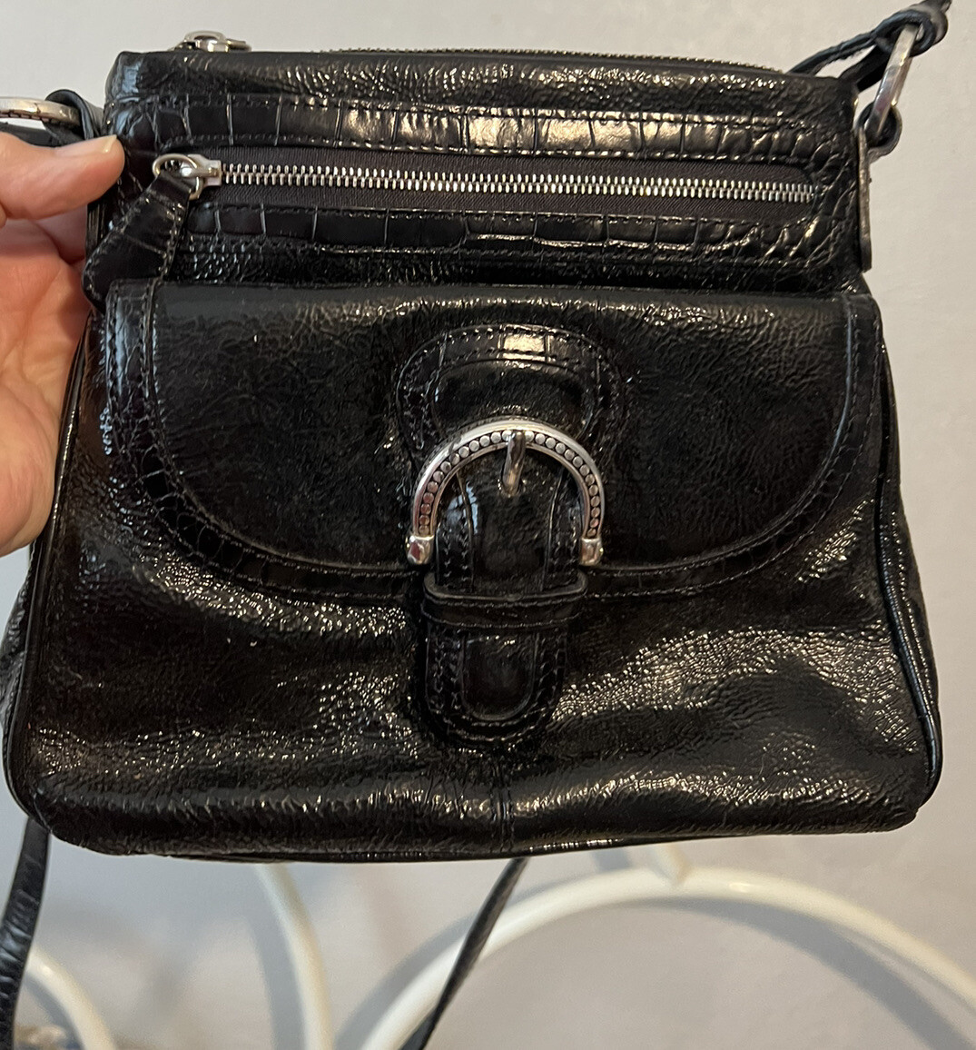 BRIGHTON  BALI SHINE Blk Patent Leather Cell Phone Case Organizer CROSSBODY BAG 