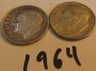 Pair of 2 , 1964 "D" Roosevelt Head dimes, 90% silver, circulated.