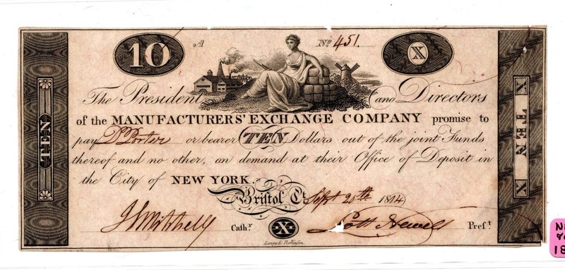 1814 BRISTOL CONNECTICUT $10 MANUFACTURER'S EXCHANGE COMPANY OBSOLETE NOTE 