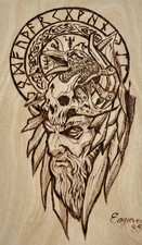 Viking Warrior Woodburn Art with Norse Runes, Odin Wotan Woden God Nordic 9x12