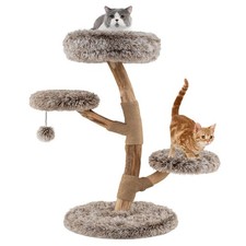 Modern Cat Tree w/Pear Wood Trunks Scratching Posts Soft Long Plush Fabric