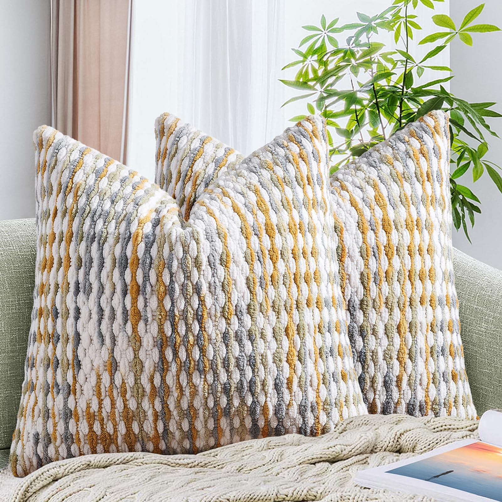 Set of 2 Boho Chenille Pillow Cover Decorative Tufted Pillowcase for Couch Be...