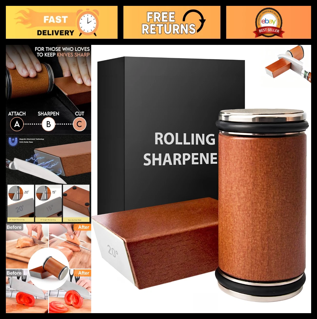 Knife Sharpener Kit - Diamond & Ceramic Discs, Magnetic Angle Guide, Easy 15°/20