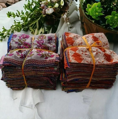 Indien Vintage 25 PC De Recycle Soie Sari Restes / Tissu 20.3cmX20.3cm Scraps - Photo 1/4