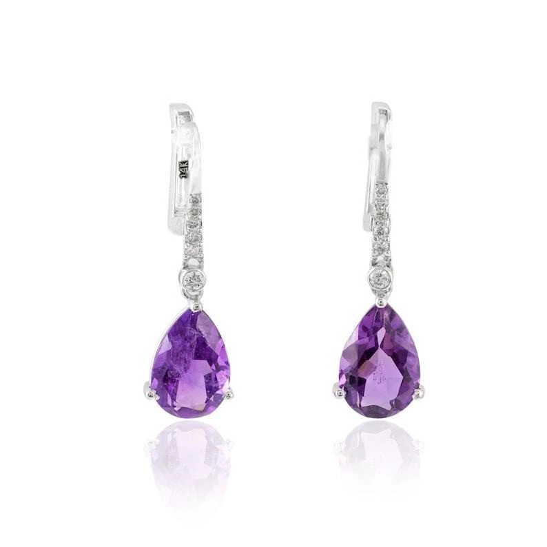 14K Solid White Gold Natural Amethyst and Diamonds Huggie Drop Earrings a895 - Image 4 of 4