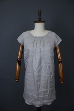 120% Lino Gray Solid Linen Pintuck Pleated Short Sleeve Mini Shift Dress Size 40