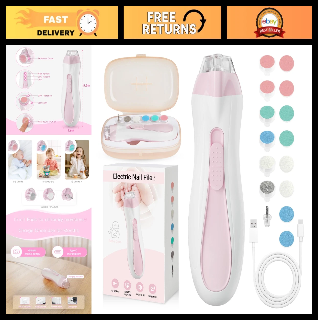 Electric Baby Nail Trimmer 15-in-1, Rechargeable Nail Clippers & File with Light
Opens in a new wind