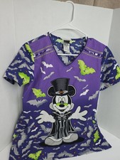 DISNEY MICKEY MOUSE SIZE SMALL UNIFORM SCRUB TOP HALLOWEEN PURPLE VAMPIRE BATS
