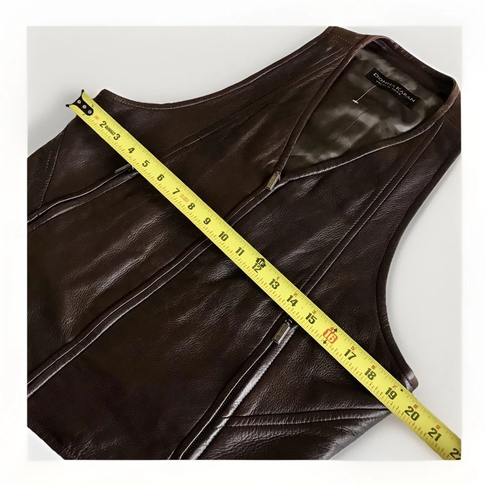 Chaleco de cuero marrón vintage DONNA KARAN para hombre forro de lana unisex talla mediana Foto 4 de 4