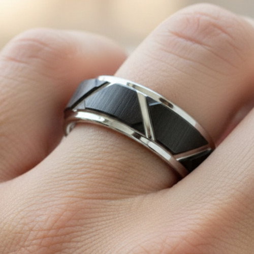 8mm Tungsten Wedding Ring With Black Brushed Trapezoid Inlay and Polished Edges