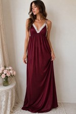 Vintage Burgundy Lace Trim Maxi Nightgown Slip Dress Romantic Cottagecore S