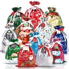 48PCS Christmas Drawstring Gift Bags, Holiday Gift Bags Assorted Sizes with T...