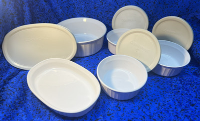 EUC 5-pc Corningware French White bakeware w/4 lids: F-23-B, F-16-B, F-5-B