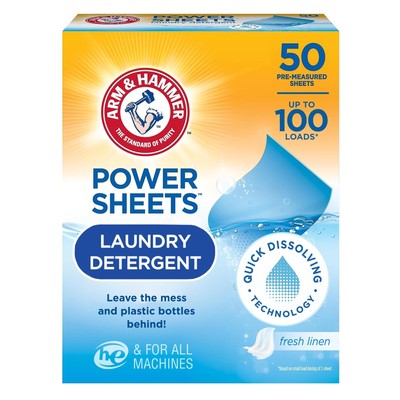 Arm & Hammer Power Sheets Laundry Detergent Fresh Linen 50ct up to 100 Small ...