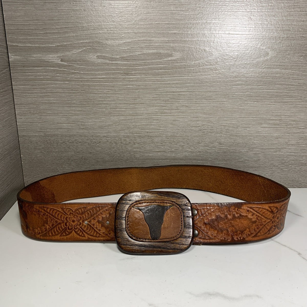 Vintage Gap Brown Belt Genuine Leather 32 Medium Bull Buckle  display picture 2