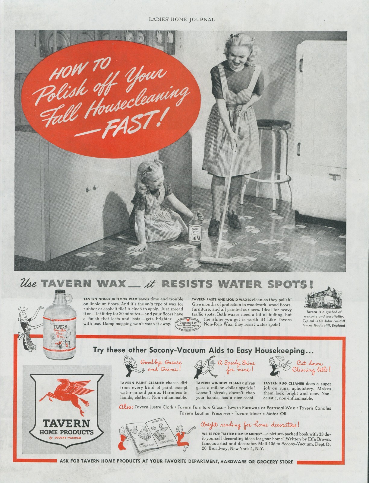 1944 Tavern Floor Wax Pegasus Kitchen Girl Helping Mother Vintage Print Ad LHJ1