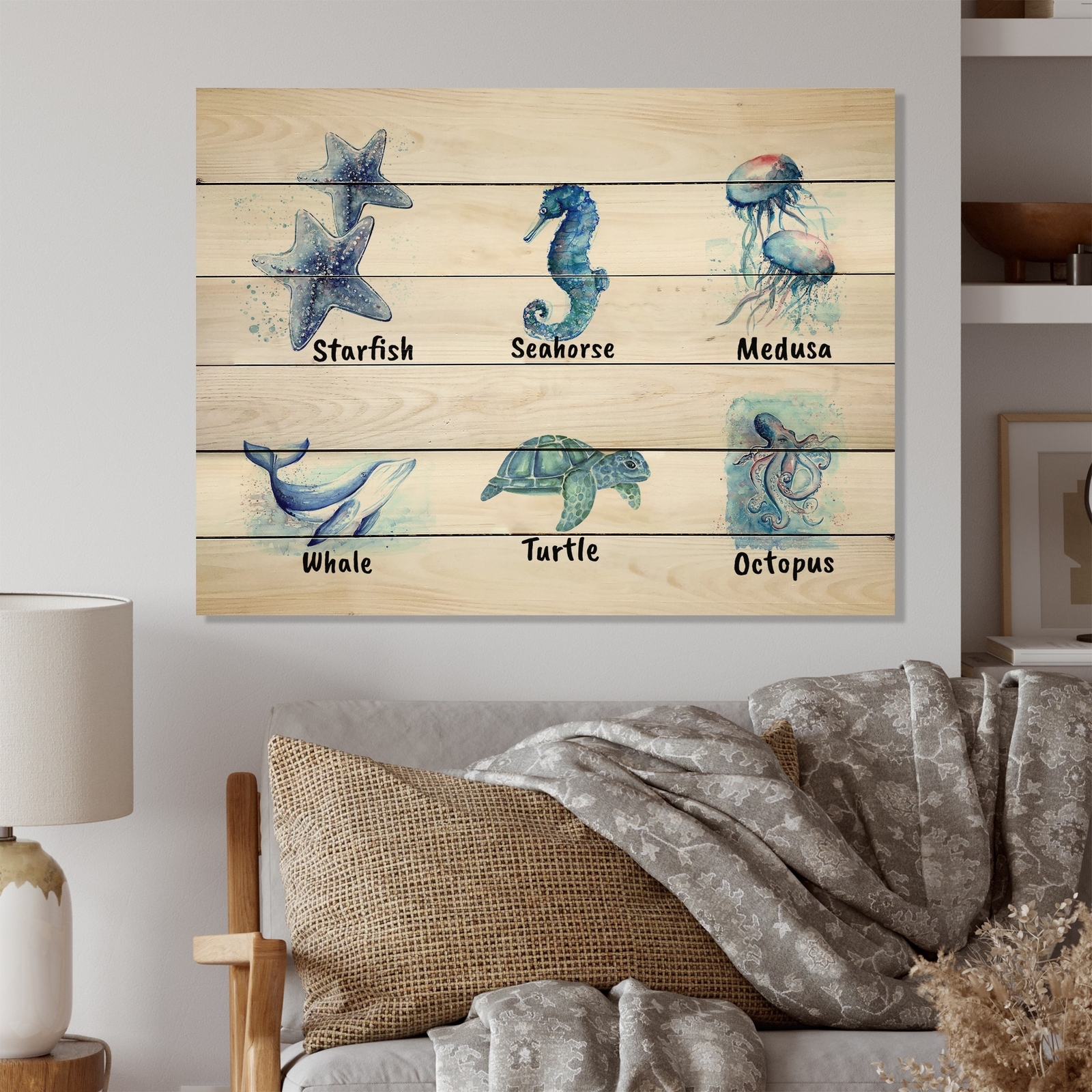 Designart 'Blue Animal Coastal Sketch' Traditional Wood Wall