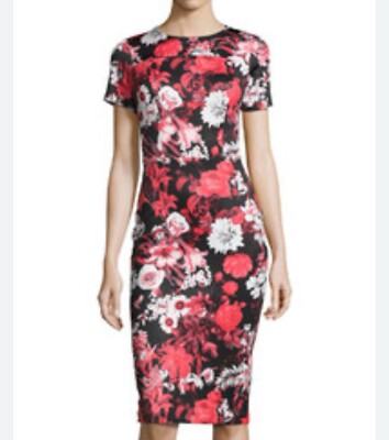 NEW Neiman Marcus Women Short Sleeve Floral Neoprene Midi Dress Size M Black Red