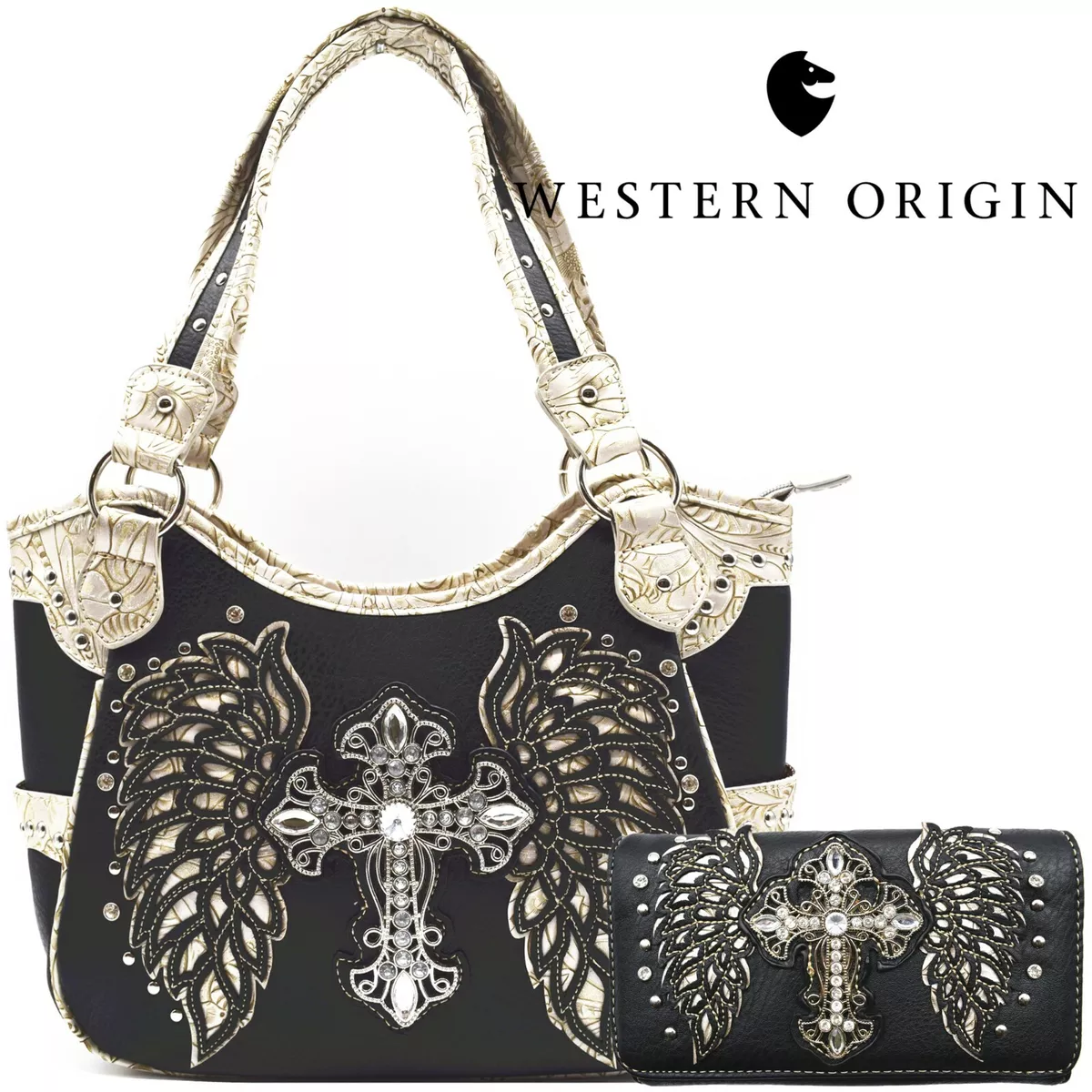 Western Embroidered Cross HandBag/Wallet Set W/Rhinestones, 56% OFF