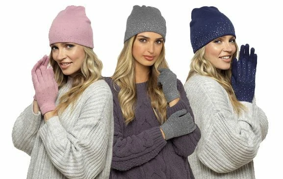 Ladies Foxbury Hat & Gloves Set with Diamante Sparkles GL575 Black, Grey, Red