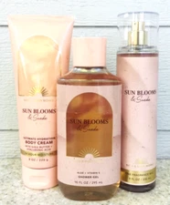 3 Bath & Body Works SUN BLOOMS & SUEDE Shower Gel Body Cream Fragrance Mist SET