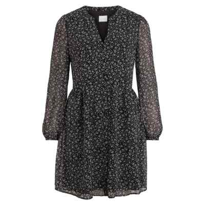 VILA Black Ditsy Floral V-Neck Dress Size 12 Wrap Front Sheer Sleeves RRP £35